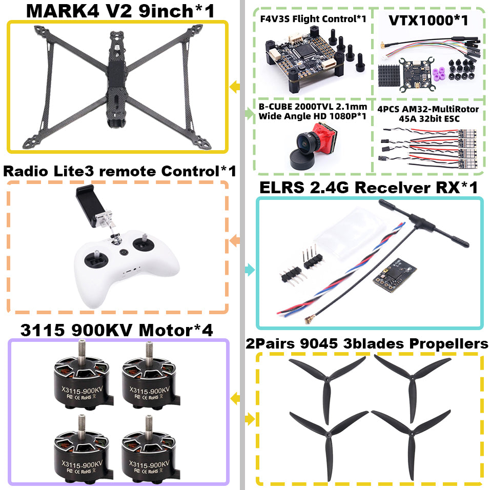 MARK4 V2 9-дюймовый F4V3S/F4V3S PLUS Flight Control 45/60A 4INI ESC rack drone FPV carbon fiber PV Racing Drone Quadcopter Freestyle 