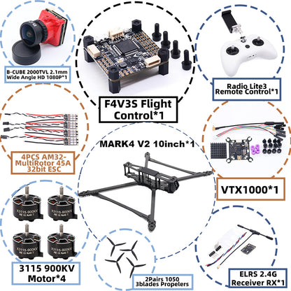 B-CUBE MARK4 V2 10inch F4V3S/F4V3S PLUS Flight Control 45/60A 4INI ESC rack drone FPV carbon fiber PV Racing Drone Quadcopter Freestyle
