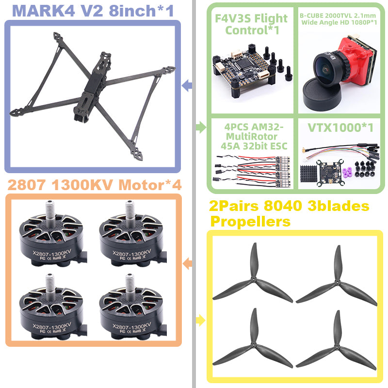 B-CUBE MARK4 V2 8inch F4V3S/F4V3S PLUS Flight Control 45/60A 4INI ESC rack drone FPV carbon fiber PV Racing Drone Quadcopter Freestyle