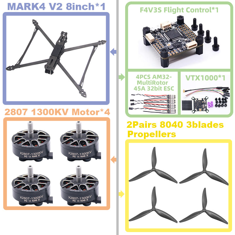 B-CUBE MARK4 V2 8inch F4V3S/F4V3S PLUS Flight Control 45/60A 4INI ESC rack drone FPV carbon fiber PV Racing Drone Quadcopter Freestyle
