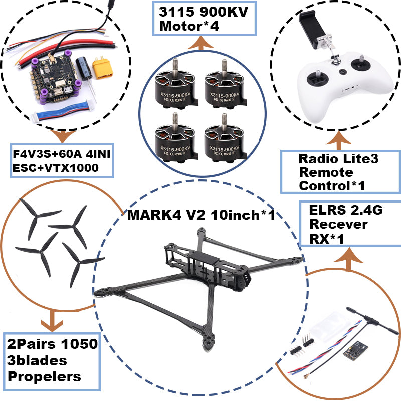 B-CUBE MARK4 V2 10inch F4V3S/F4V3S PLUS Flight Control 45/60A 4INI ESC rack drone FPV carbon fiber PV Racing Drone Quadcopter Freestyle