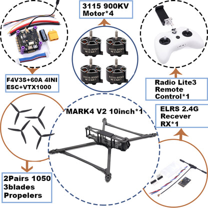 B-CUBE MARK4 V2 10inch F4V3S/F4V3S PLUS Flight Control 45/60A 4INI ESC rack drone FPV carbon fiber PV Racing Drone Quadcopter Freestyle