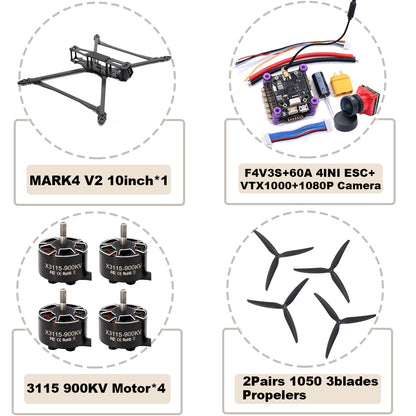 B-CUBE MARK4 V2 10inch F4V3S/F4V3S PLUS Flight Control 45/60A 4INI ESC rack drone FPV carbon fiber PV Racing Drone Quadcopter Freestyle