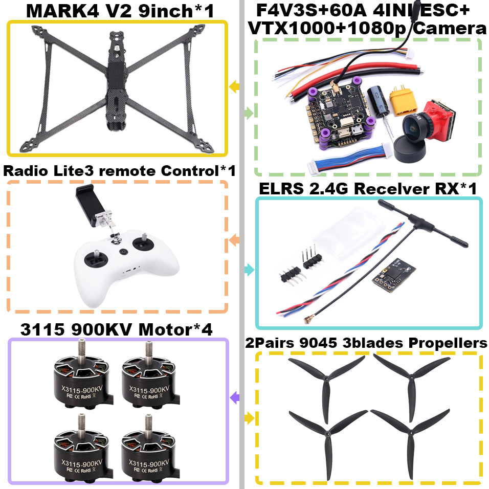 MARK4 V2 9-дюймовый F4V3S/F4V3S PLUS Flight Control 45/60A 4INI ESC rack drone FPV carbon fiber PV Racing Drone Quadcopter Freestyle 