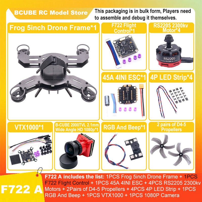B-CUBE Frog 5inch FPV Drone Frame Kit Carbon Fiber Racing Drone Quadcopter Freestyle INAV Beatflight F722 M10 GPS Flight Control