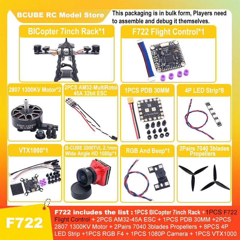 B-CUBE BICopter 7inch FPV Drone Frame Kit Carbon Fiber Racing Quadcopter Freestyle INAV Beatflight F405 F722 Ardupilot Flight Control