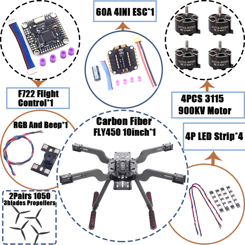 B-CUBE Open Source New Smart Drone FLY450 450MM F722 Quadrotor Rack RC Multicopter Multi-Rotor With Landing Gear Betaflight