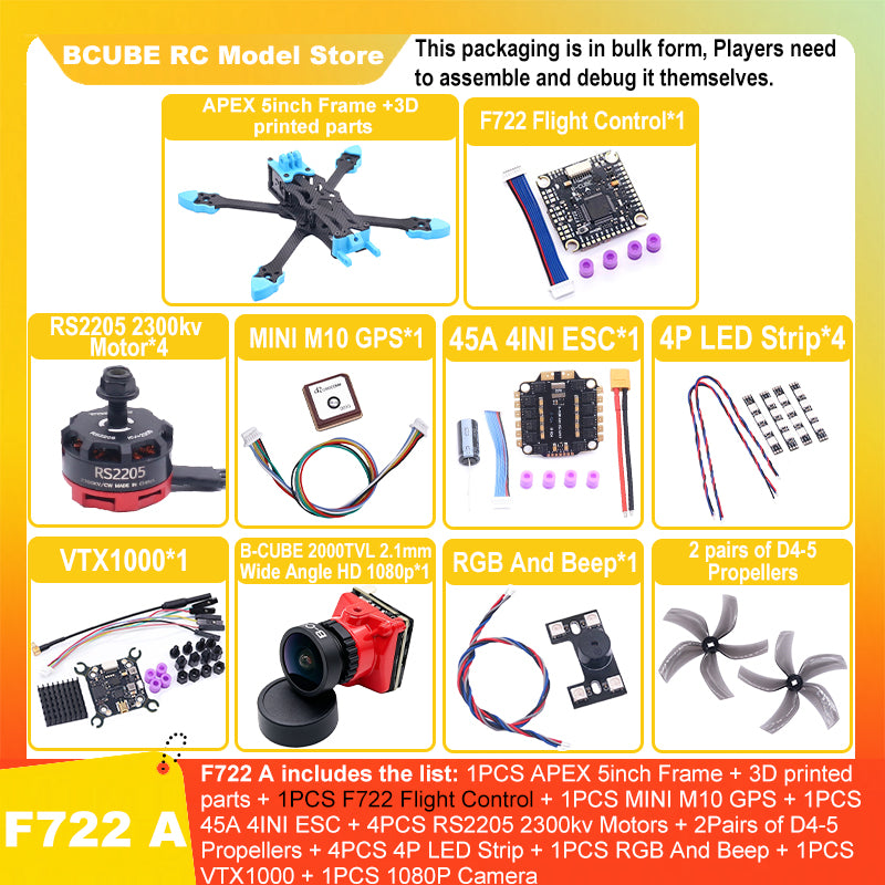 B-CUBE APEX 5inch FPV Drone Frame Kit Carbon Fiber Racing Drone Quadcopter Freestyle INAV Beatflight F722 M10 GPS Flight Control