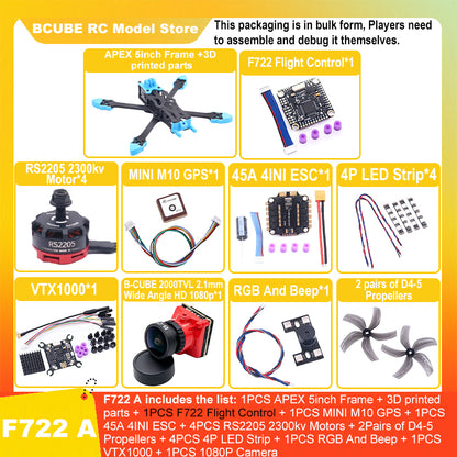 B-CUBE APEX 5inch FPV Drone Frame Kit Carbon Fiber Racing Drone Quadcopter Freestyle INAV Beatflight F722 M10 GPS Flight Control
