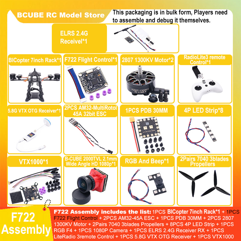 B-CUBE BICopter 7inch FPV Drone Frame Kit Carbon Fiber Racing Quadcopter Freestyle INAV Beatflight F405 F722 Ardupilot Flight Control