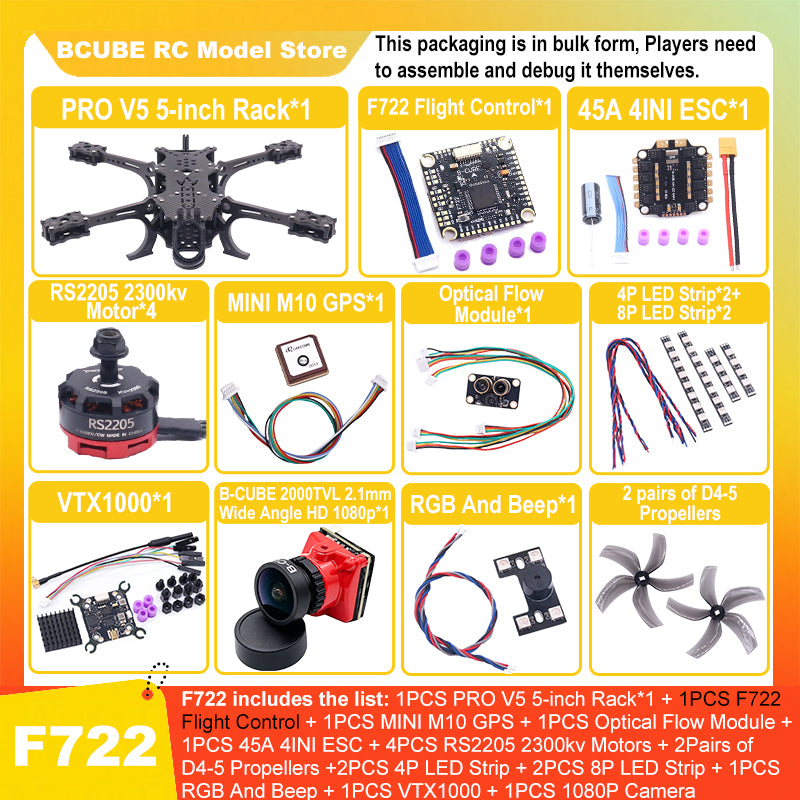 B-CUBE PRO V5 5inch FPV Drone Frame Kit Carbon Fiber Racing Quadcopter Optical Flow M10 GPS INAV Beatflight H743 Flight Control