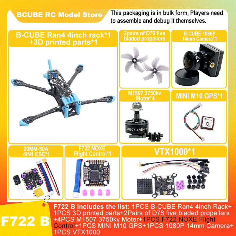 B-CUBE Ran4 4inch FPV Drone Frame Kit Carbon Fiber Racing Drone Quadcopter INAV Beatflight F722 F745 Ardupilot Flight Control