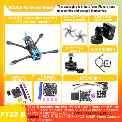 B-CUBE Ran4 4inch FPV Drone Frame Kit Carbon Fiber Racing Drone Quadcopter INAV Beatflight F722 F745 Ardupilot Flight Control