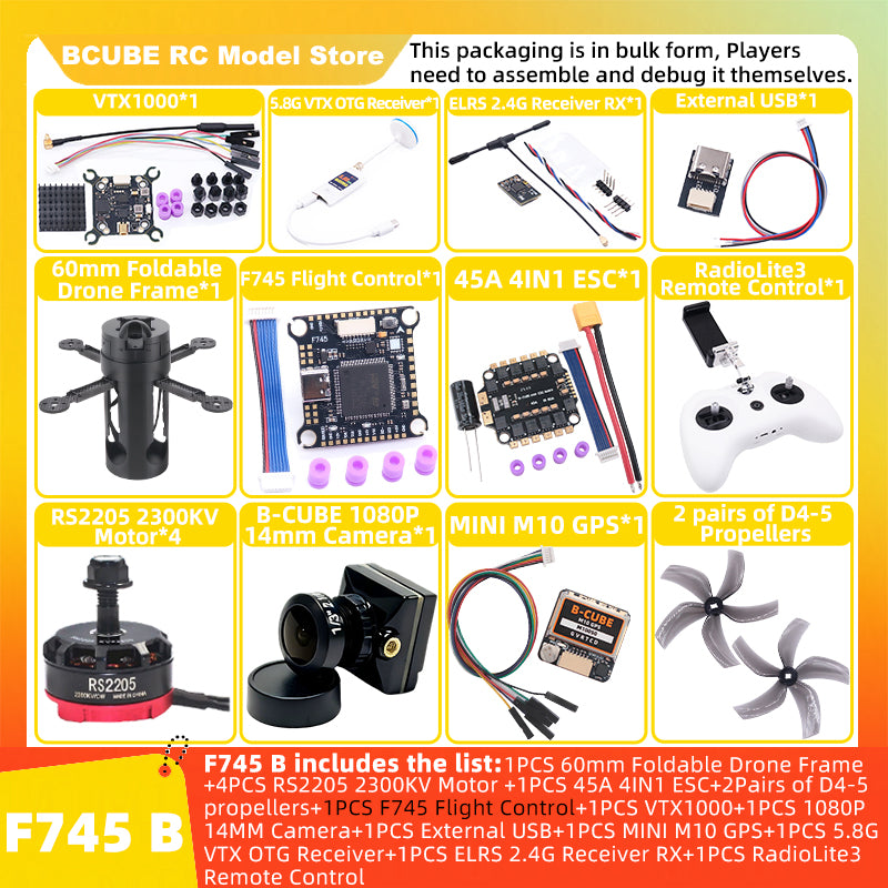 B-CUBE 60mm Foldable FPV Drone Frame Kit Carbon Fiber Racing Quadcopter Freestyle INAV Beatflight F4V3S PULS F745 H743