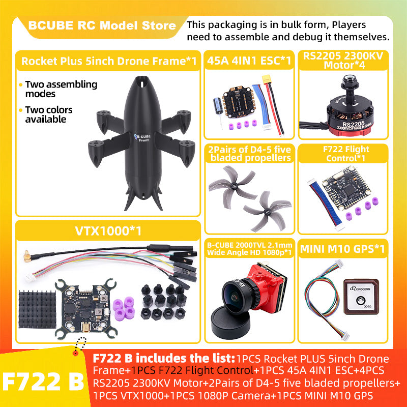 B-CUBE Rocket PLUS 5inch FPV Drone Frame Kit Carbon Fiber Racing Quadcopter Freestyle INAV Beatflight F722 Ardupilot Flight Control