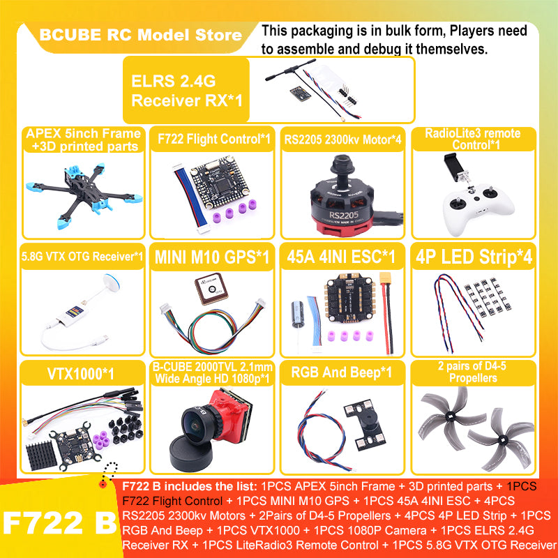 B-CUBE APEX 5inch FPV Drone Frame Kit Carbon Fiber Racing Drone Quadcopter Freestyle INAV Beatflight F722 M10 GPS Flight Control