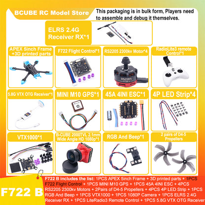 B-CUBE APEX 5inch FPV Drone Frame Kit Carbon Fiber Racing Drone Quadcopter Freestyle INAV Beatflight F722 M10 GPS Flight Control
