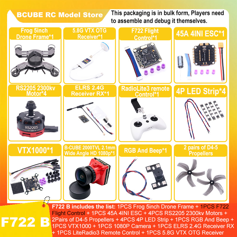 B-CUBE Frog 5inch FPV Drone Frame Kit Carbon Fiber Racing Drone Quadcopter Freestyle INAV Beatflight F722 M10 GPS Flight Control