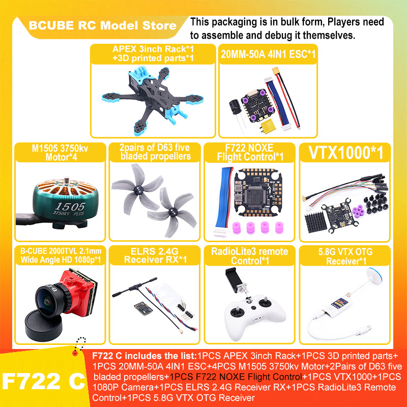 B-CUBE APEX 3inch FPV Drone Frame Kit Carbon Fiber Racing Drone Quadcopter INAV Beatflight F722 F745 Ardupilot Flight Control