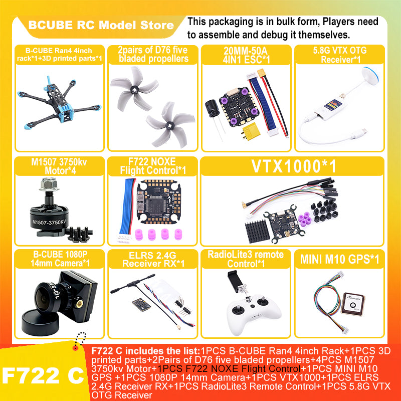 B-CUBE Ran4 4inch FPV Drone Frame Kit Carbon Fiber Racing Drone Quadcopter INAV Beatflight F722 F745 Ardupilot Flight Control