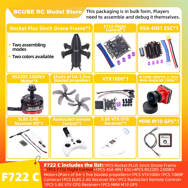 B-CUBE Rocket PLUS 5inch FPV Drone Frame Kit Carbon Fiber Racing Quadcopter Freestyle INAV Beatflight F722 Ardupilot Flight Control