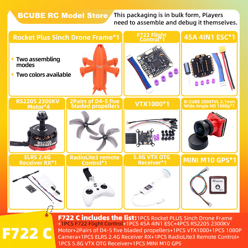 B-CUBE Rocket PLUS 5inch FPV Drone Frame Kit Carbon Fiber Racing Quadcopter Freestyle INAV Beatflight F722 Ardupilot Flight Control
