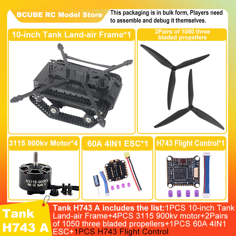 B-CUBE 10-inch Tank Land-air FPV Drone Frame Kit Carbon Fiber Racing Quadcopter Car INAV Beatflight H743 F745 Flight Control