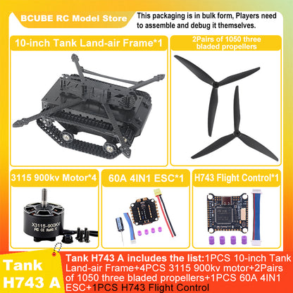 B-CUBE 10-inch Tank Land-air FPV Drone Frame Kit Carbon Fiber Racing Quadcopter Car INAV Beatflight H743 F745 Flight Control