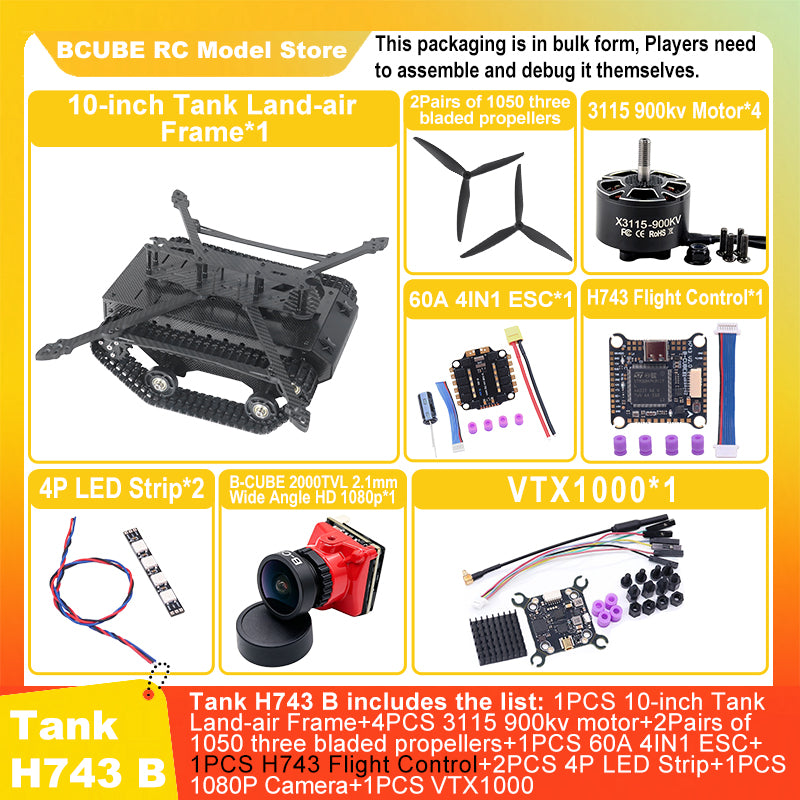 B-CUBE 10-inch Tank Land-air FPV Drone Frame Kit Carbon Fiber Racing Quadcopter Car INAV Beatflight H743 F745 Flight Control