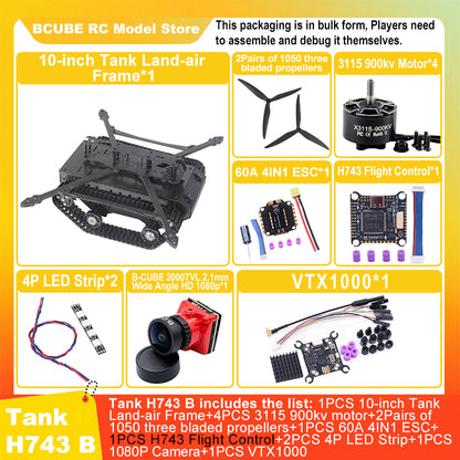 B-CUBE 10-inch Tank Land-air FPV Drone Frame Kit Carbon Fiber Racing Quadcopter Car INAV Beatflight H743 F745 Flight Control