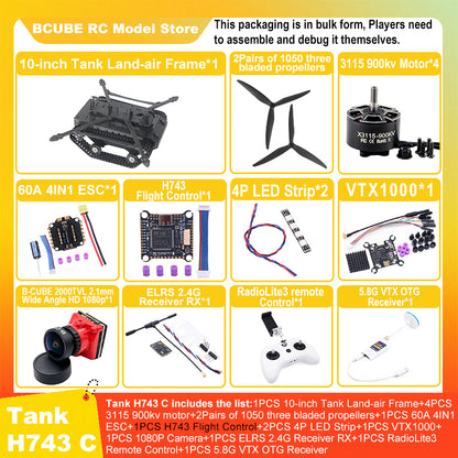 B-CUBE 10-inch Tank Land-air FPV Drone Frame Kit Carbon Fiber Racing Quadcopter Car INAV Beatflight H743 F745 Flight Control