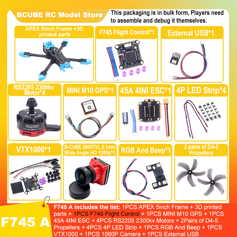 B-CUBE APEX 5inch FPV Drone Frame Kit Carbon Fiber Racing Drone Quadcopter Freestyle INAV Beatflight F722 M10 GPS Flight Control