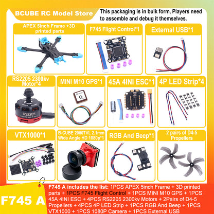 B-CUBE APEX 5inch FPV Drone Frame Kit Carbon Fiber Racing Drone Quadcopter Freestyle INAV Beatflight F722 M10 GPS Flight Control