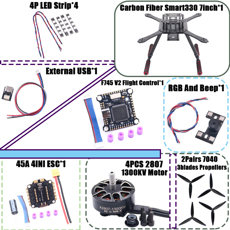 B-CUBE Smart330 350 7/8inch FPV Drone Frame Kit Carbon Fiber Racing Quadcopter Freestyle INAV Beatflight F722 Flight Control