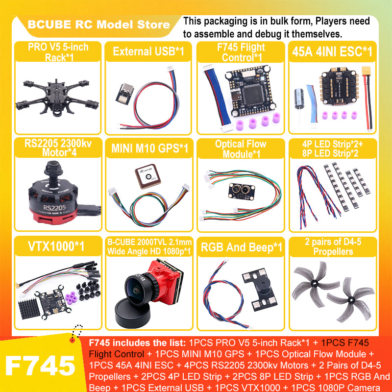 B-CUBE PRO V5 5inch FPV Drone Frame Kit Carbon Fiber Racing Quadcopter Optical Flow M10 GPS INAV Beatflight H743 Flight Control