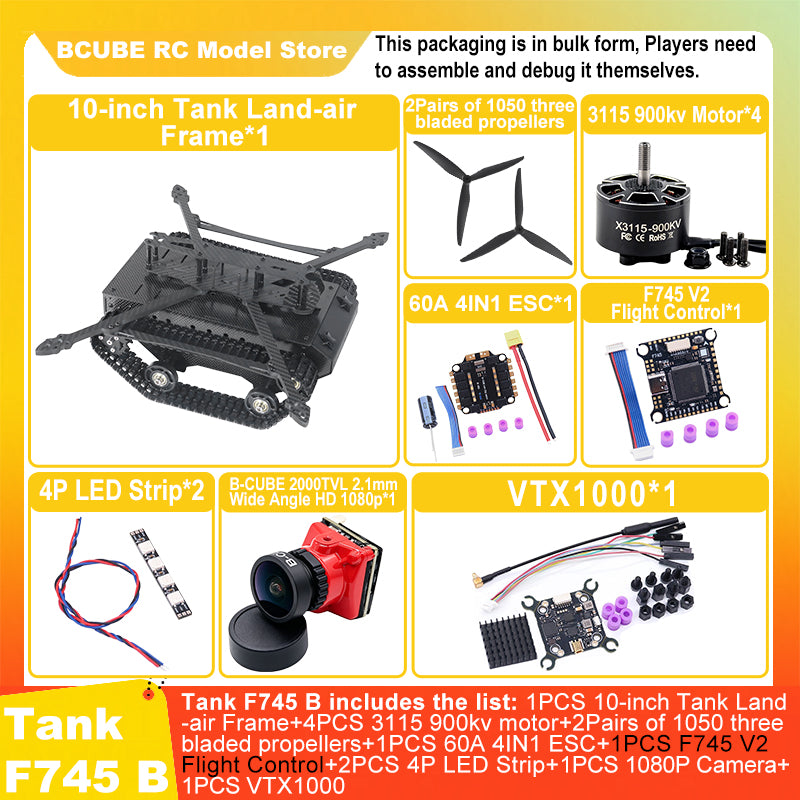 B-CUBE 10-inch Tank Land-air FPV Drone Frame Kit Carbon Fiber Racing Quadcopter Car INAV Beatflight H743 F745 Flight Control