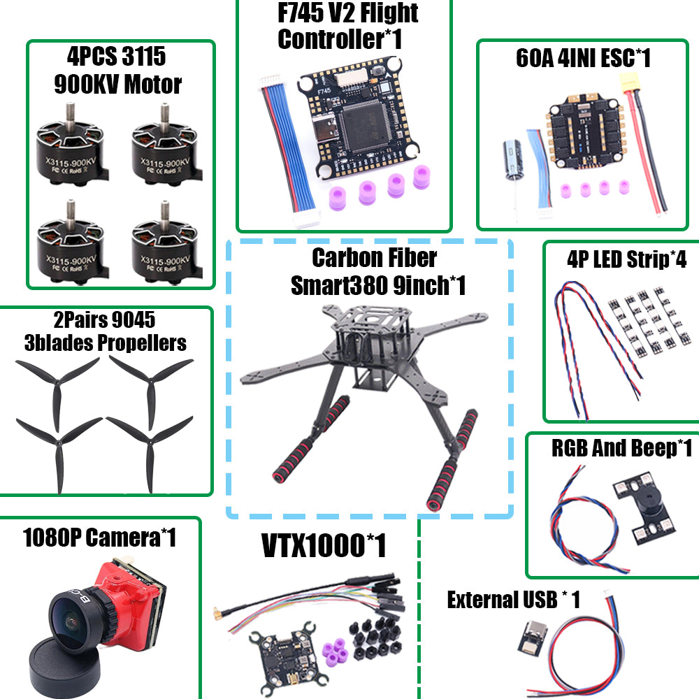 B-CUBE Smart380 450 9/10inch FPV Drone Frame Kit Carbon Fiber Racing Quadcopter Freestyle INAV Beatflight F722 Flight Control