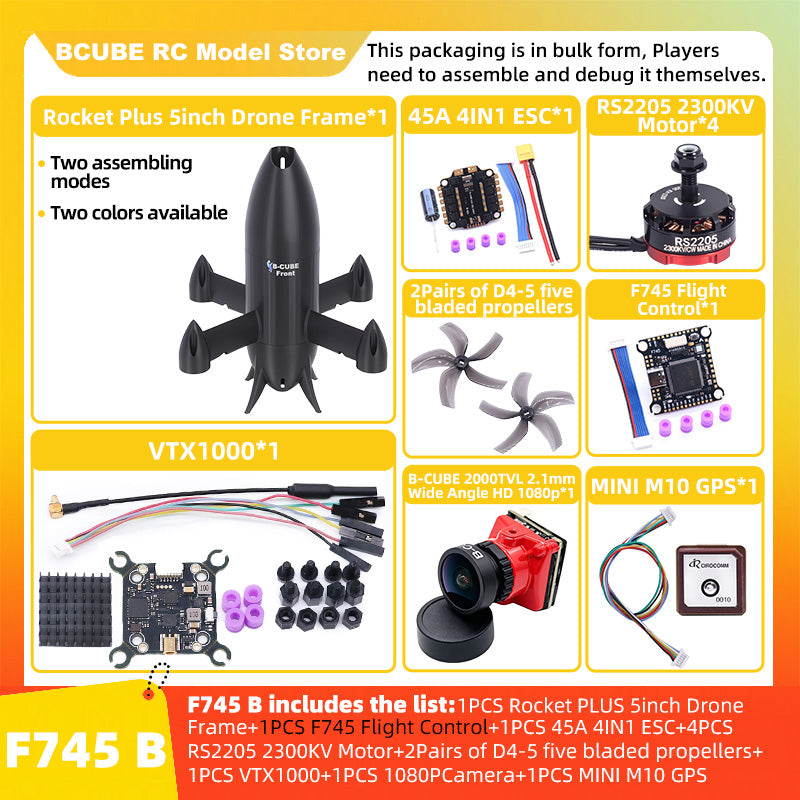 B-CUBE Rocket PLUS 5inch FPV Drone Frame Kit Carbon Fiber Racing Quadcopter Freestyle INAV Beatflight F722 Ardupilot Flight Control