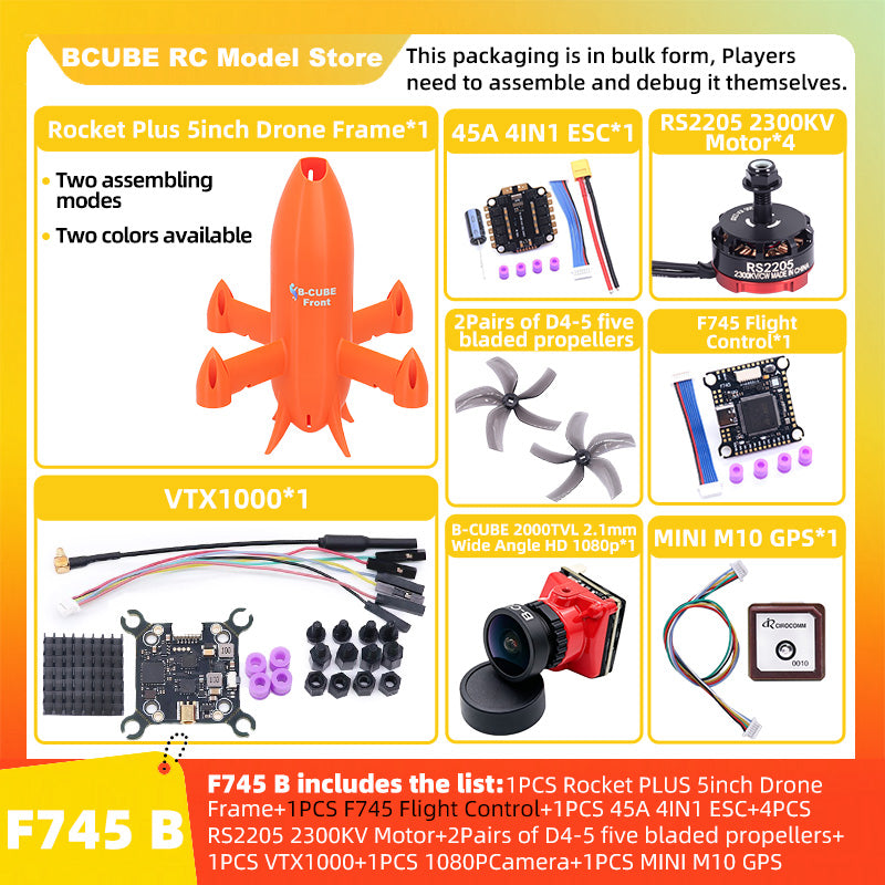 B-CUBE Rocket PLUS 5inch FPV Drone Frame Kit Carbon Fiber Racing Quadcopter Freestyle INAV Beatflight F722 Ardupilot Flight Control