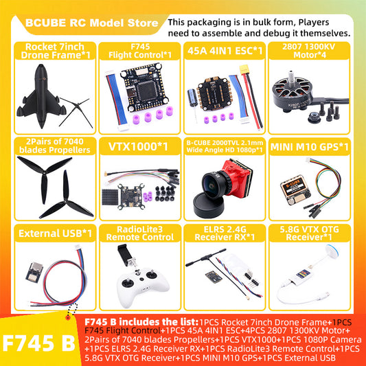 B-CUBE Rocket 7inch FPV Drone Frame Kit Carbon Fiber Racing Quadcopter Freestyle INAV Beatflight F4 F745 H743 Ardupilot Flight Control