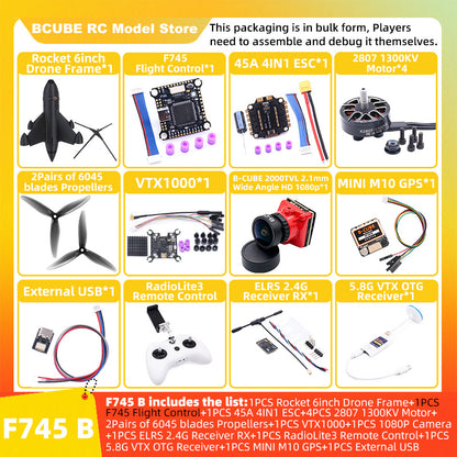 B-CUBE Rocket 6inch FPV Drone Frame Kit Carbon Fiber Racing Quadcopter Freestyle INAV Beatflight F4 F745 H743 Ardupilot Flight Control