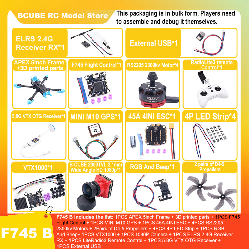 B-CUBE APEX 5inch FPV Drone Frame Kit Carbon Fiber Racing Drone Quadcopter Freestyle INAV Beatflight F722 M10 GPS Flight Control