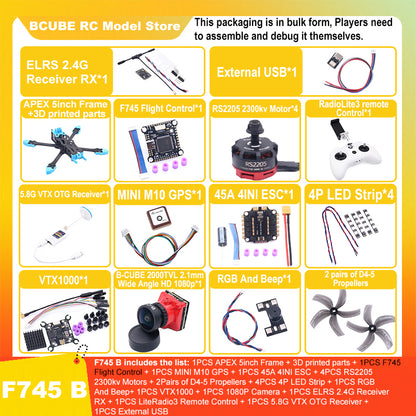 B-CUBE APEX 5inch FPV Drone Frame Kit Carbon Fiber Racing Drone Quadcopter Freestyle INAV Beatflight F722 M10 GPS Flight Control