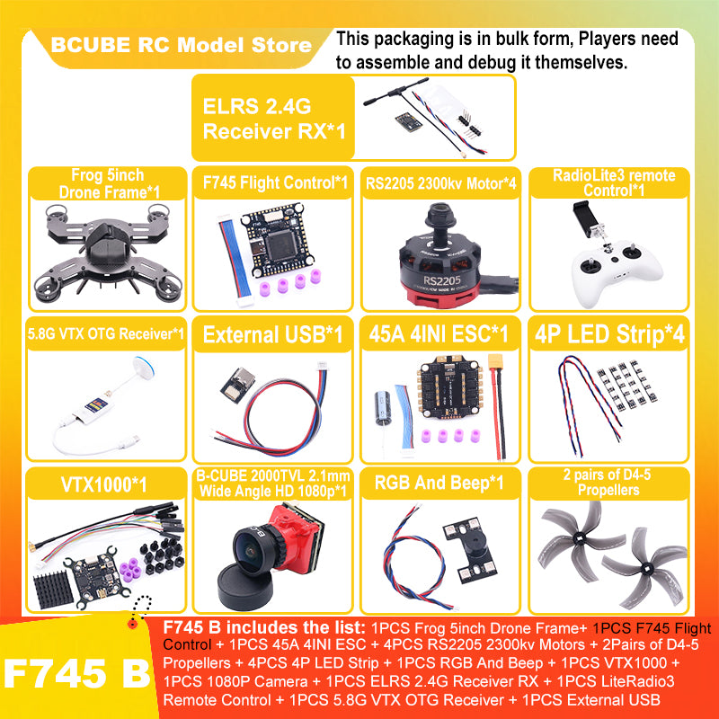 B-CUBE Frog 5inch FPV Drone Frame Kit Carbon Fiber Racing Drone Quadcopter Freestyle INAV Beatflight F722 M10 GPS Flight Control