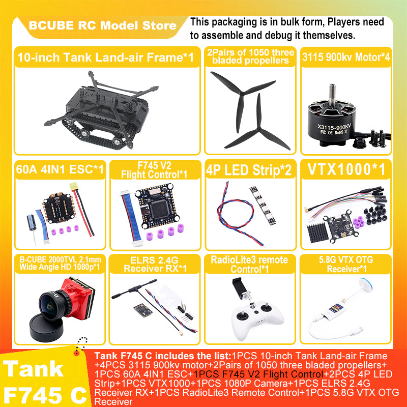 B-CUBE 10-inch Tank Land-air FPV Drone Frame Kit Carbon Fiber Racing Quadcopter Car INAV Beatflight H743 F745 Flight Control