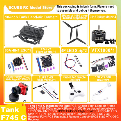 B-CUBE 10-inch Tank Land-air FPV Drone Frame Kit Carbon Fiber Racing Quadcopter Car INAV Beatflight H743 F745 Flight Control