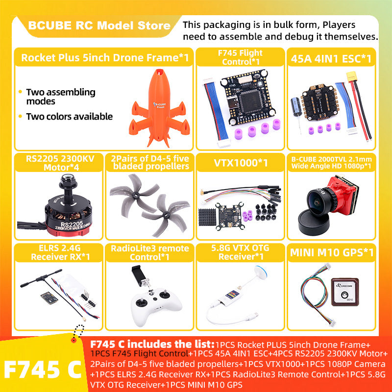 B-CUBE Rocket PLUS 5inch FPV Drone Frame Kit Carbon Fiber Racing Quadcopter Freestyle INAV Beatflight F722 Ardupilot Flight Control
