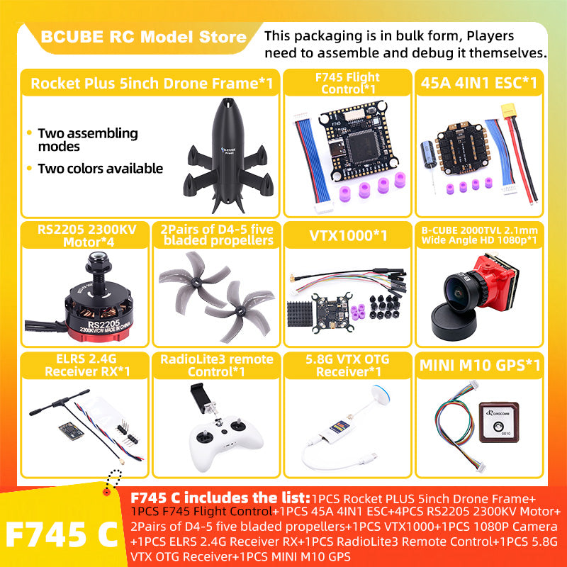 B-CUBE Rocket PLUS 5inch FPV Drone Frame Kit Carbon Fiber Racing Quadcopter Freestyle INAV Beatflight F722 Ardupilot Flight Control