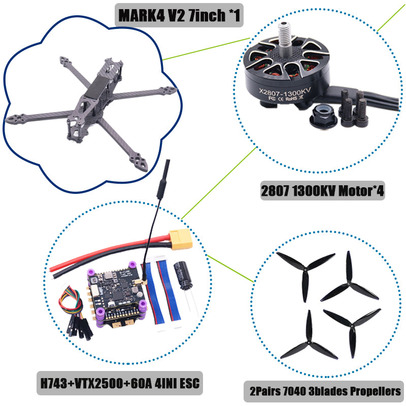 MARK4 V2 7inch H743  Flight Control 60A 4INI ESC rack drone FPV carbon fiber PV Racing Drone Quadcopter Freestyle