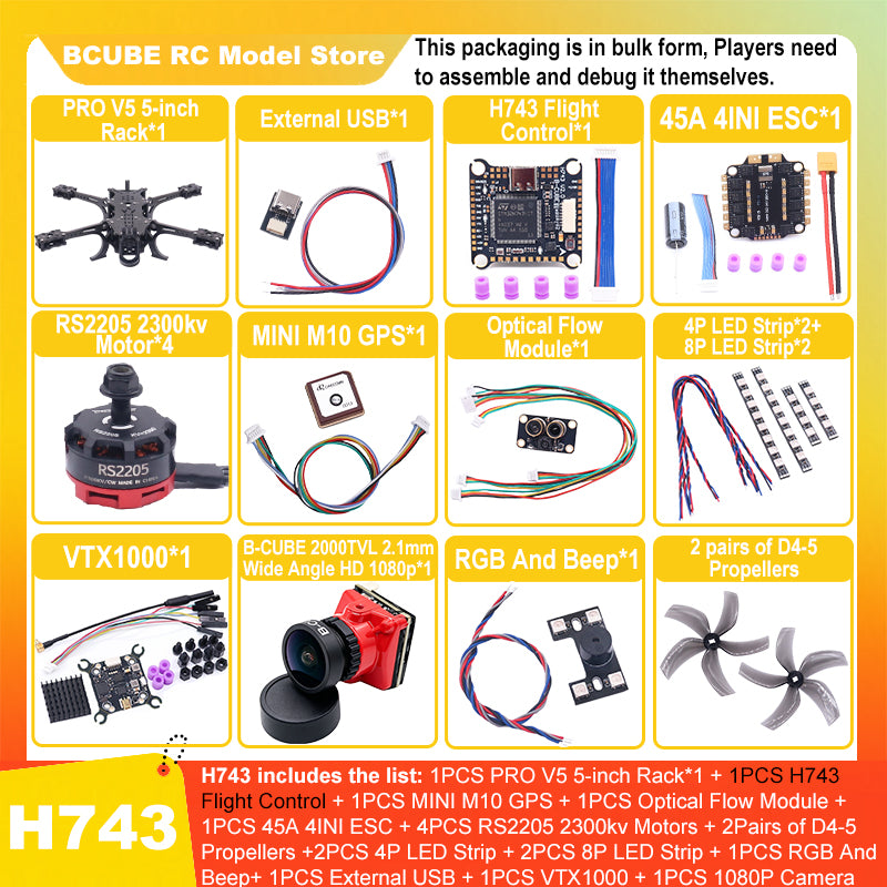 B-CUBE PRO V5 5inch FPV Drone Frame Kit Carbon Fiber Racing Quadcopter Optical Flow M10 GPS INAV Beatflight H743 Flight Control